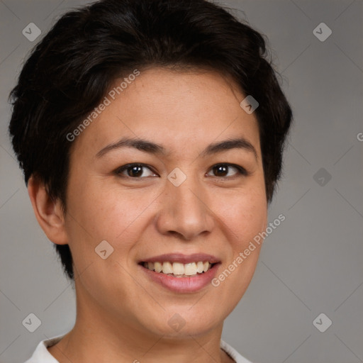 Joyful white young-adult female with short  brown hair and brown eyes