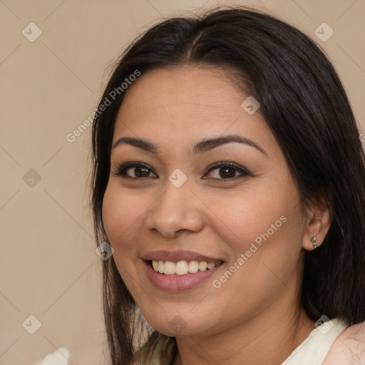 Joyful white young-adult female with medium  brown hair and brown eyes