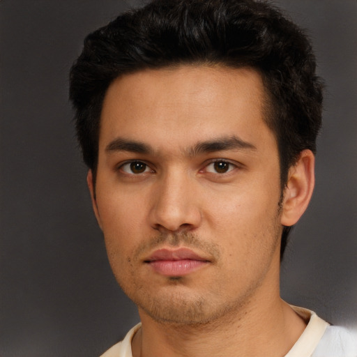Neutral white young-adult male with short  black hair and brown eyes