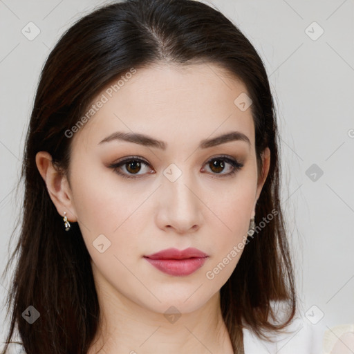 Neutral white young-adult female with long  brown hair and brown eyes