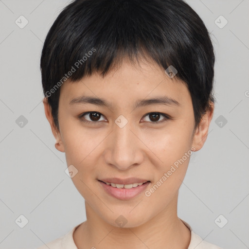 Joyful asian young-adult female with short  brown hair and brown eyes