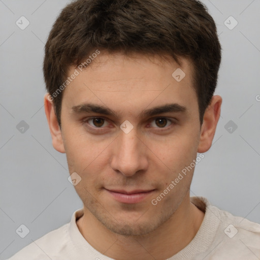 Neutral white young-adult male with short  brown hair and brown eyes