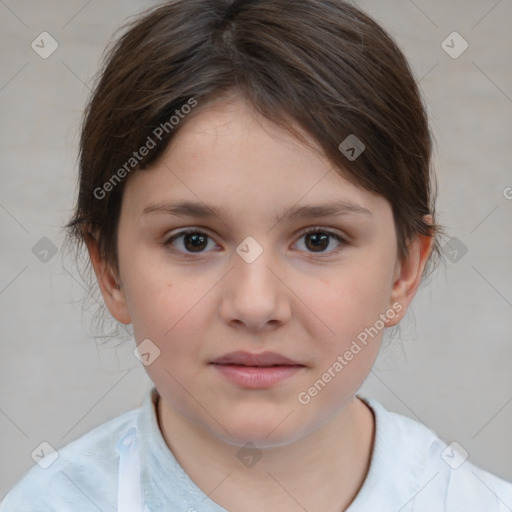 Joyful white child female with medium  brown hair and brown eyes