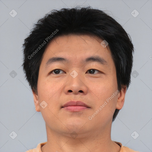 Neutral asian young-adult male with short  brown hair and brown eyes