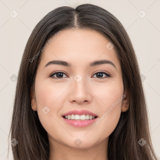 Joyful white young-adult female with long  brown hair and brown eyes