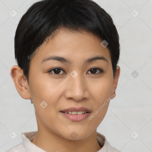 Joyful asian young-adult female with short  brown hair and brown eyes