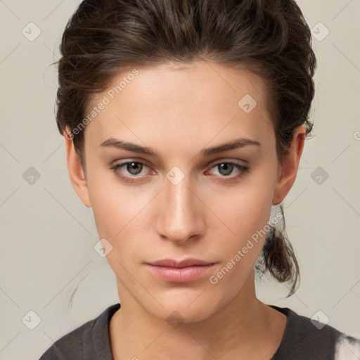 Neutral white young-adult female with medium  brown hair and brown eyes