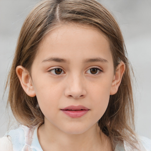 Joyful white child female with medium  brown hair and brown eyes