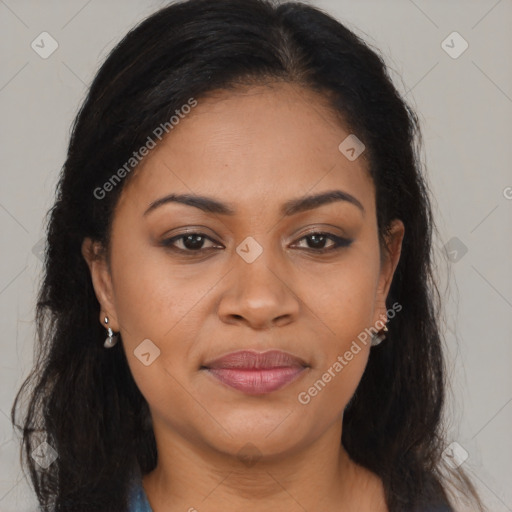 Joyful latino young-adult female with long  brown hair and brown eyes