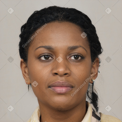 Neutral black young-adult female with short  black hair and brown eyes