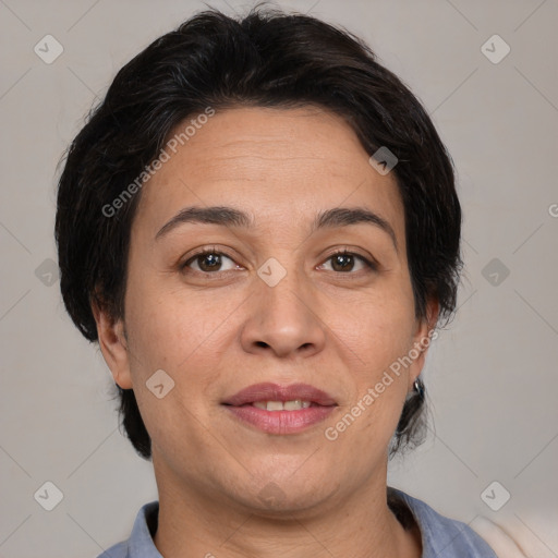 Joyful white adult female with medium  brown hair and brown eyes