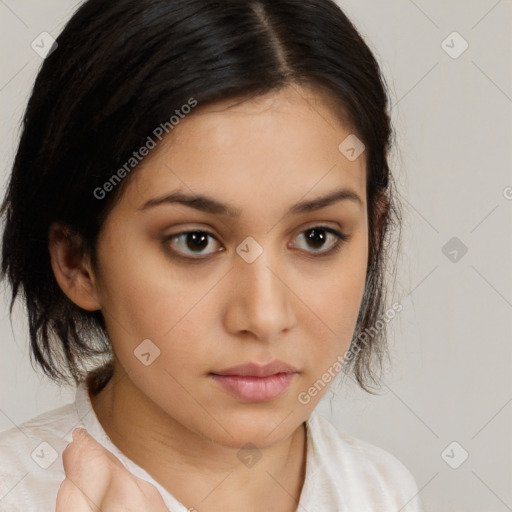 Neutral white young-adult female with medium  brown hair and brown eyes