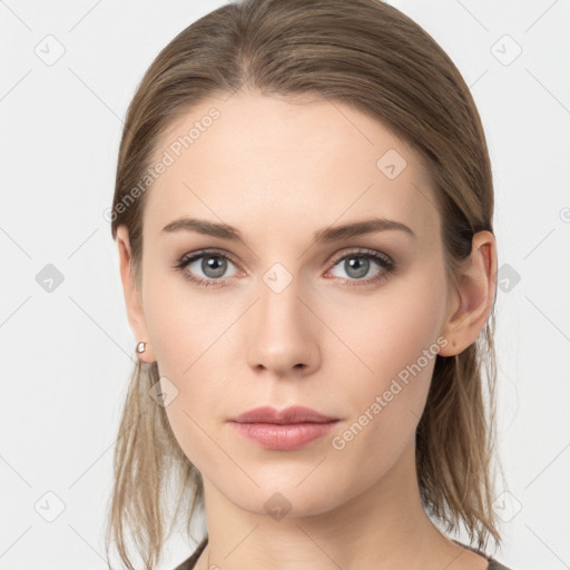 Neutral white young-adult female with long  brown hair and grey eyes