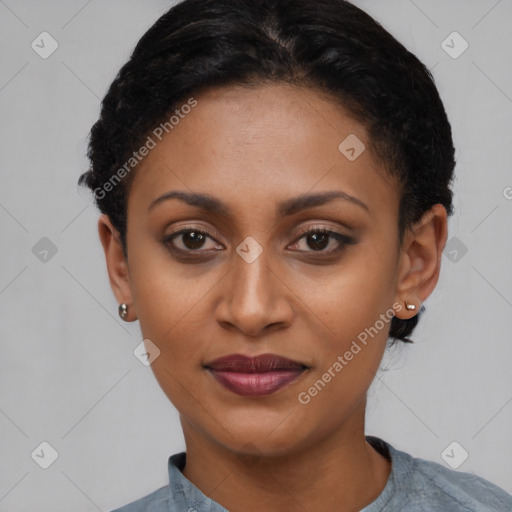 Joyful latino young-adult female with short  black hair and brown eyes