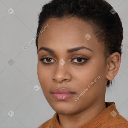 Neutral black young-adult female with short  brown hair and brown eyes