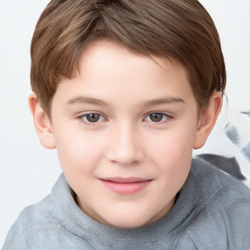 Joyful white child female with short  brown hair and brown eyes