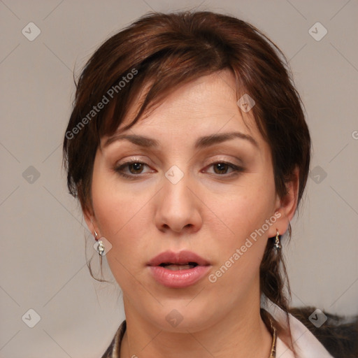 Neutral white young-adult female with medium  brown hair and brown eyes