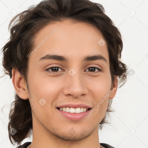 Joyful white young-adult male with medium  brown hair and brown eyes