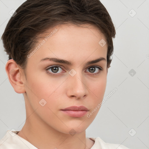 Neutral white young-adult female with short  brown hair and brown eyes