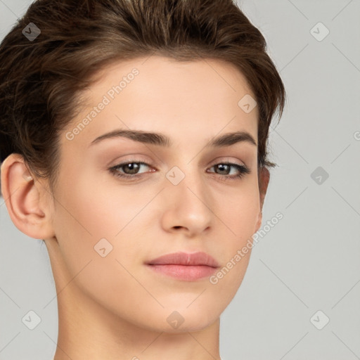 Neutral white young-adult female with short  brown hair and brown eyes