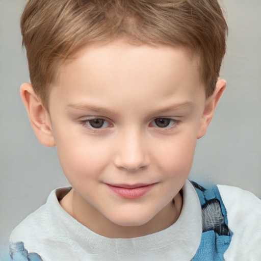 Joyful white child female with short  brown hair and brown eyes