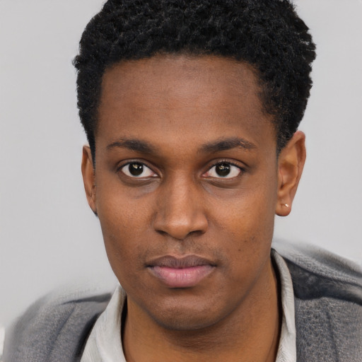Neutral black young-adult male with short  black hair and brown eyes