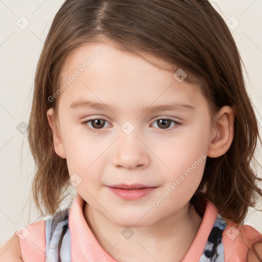 Joyful white child female with medium  brown hair and brown eyes