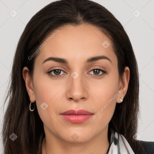 Joyful white young-adult female with long  brown hair and brown eyes