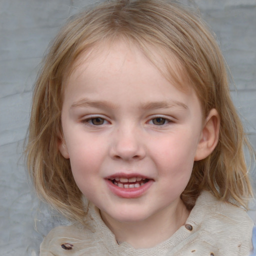 Joyful white child female with medium  brown hair and blue eyes