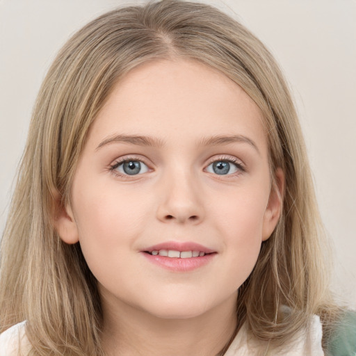 Joyful white child female with long  brown hair and grey eyes