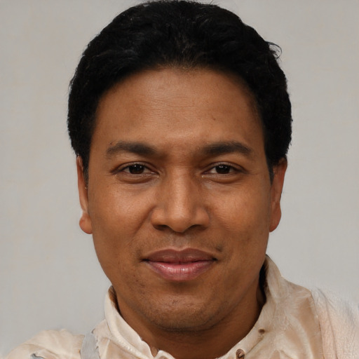 Joyful latino adult male with short  black hair and brown eyes