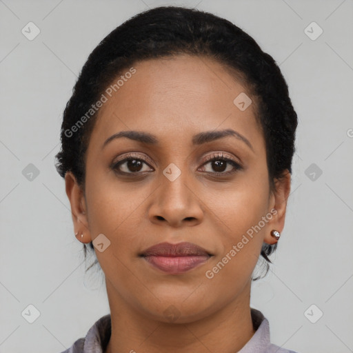 Joyful latino young-adult female with short  black hair and brown eyes