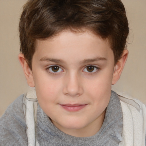 Joyful white child female with short  brown hair and brown eyes