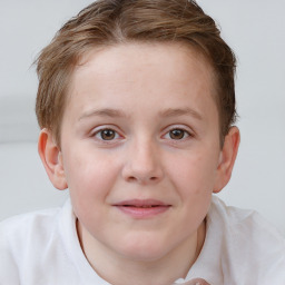 Joyful white child female with short  brown hair and brown eyes