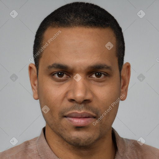 Neutral latino young-adult male with short  black hair and brown eyes