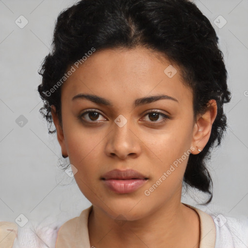 Joyful latino young-adult female with short  black hair and brown eyes