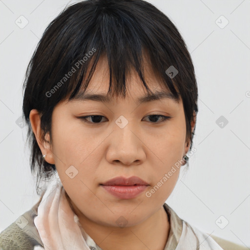 Neutral asian young-adult female with medium  brown hair and brown eyes