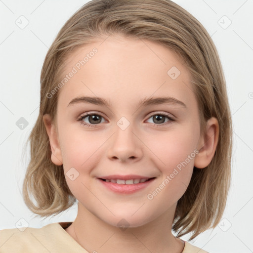 Joyful white child female with medium  brown hair and brown eyes