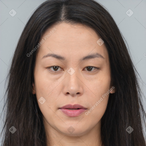 Joyful asian young-adult female with long  brown hair and brown eyes