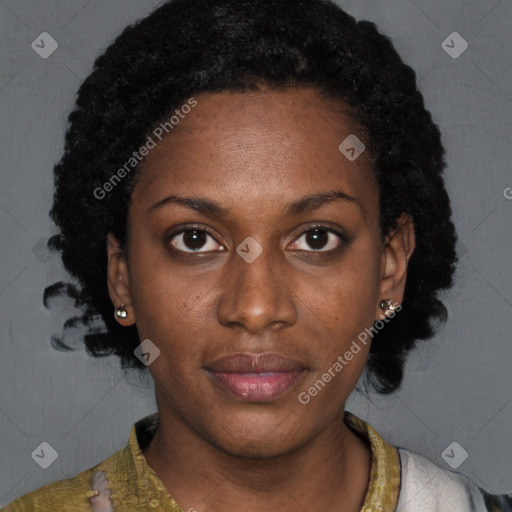 Neutral black young-adult female with short  black hair and brown eyes