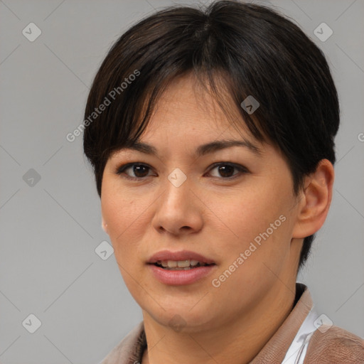 Joyful white young-adult female with medium  brown hair and brown eyes