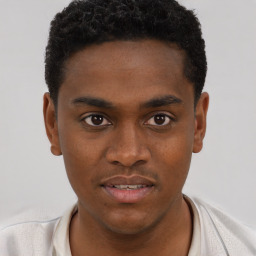 Joyful black young-adult male with short  brown hair and brown eyes