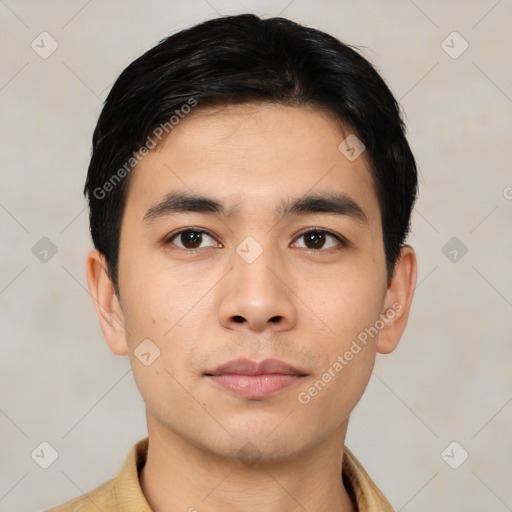 Neutral asian young-adult male with short  black hair and brown eyes