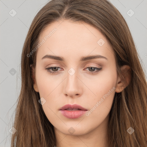 Neutral white young-adult female with long  brown hair and brown eyes