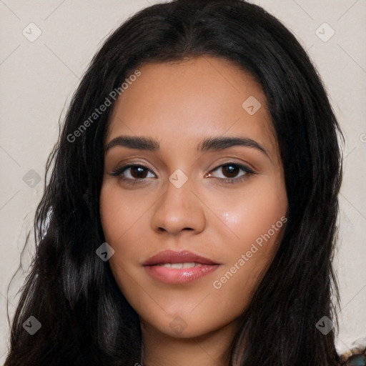 Neutral latino young-adult female with long  black hair and brown eyes