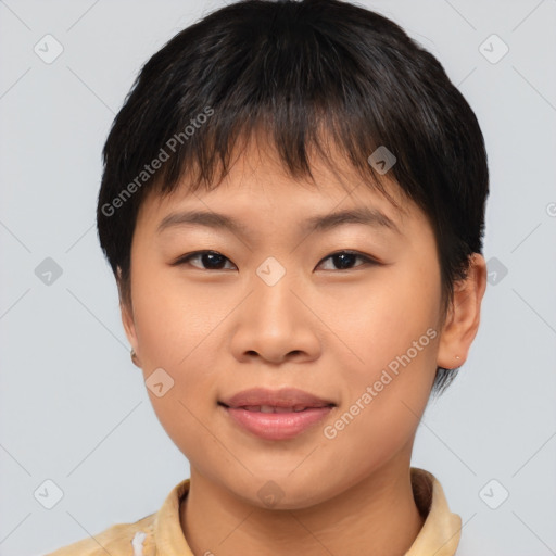 Joyful asian young-adult female with short  brown hair and brown eyes