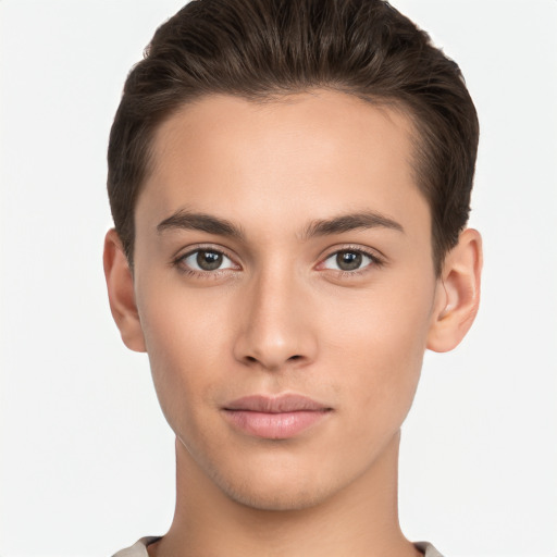 Neutral white young-adult male with short  brown hair and brown eyes