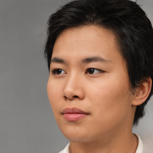 Neutral asian young-adult female with medium  brown hair and brown eyes