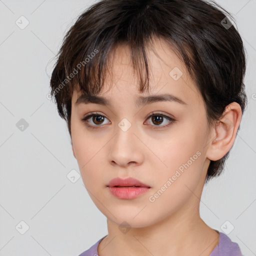 Neutral white young-adult female with short  brown hair and brown eyes