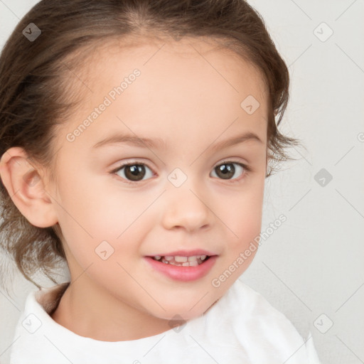 Joyful white child female with medium  brown hair and blue eyes